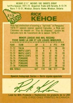 1978-79 O-Pee-Chee #213 Rick Kehoe Back