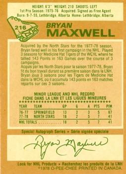 1978-79 O-Pee-Chee #216 Bryan Maxwell Back