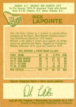 1978-79 O-Pee-Chee #322 Rick Lapointe Back