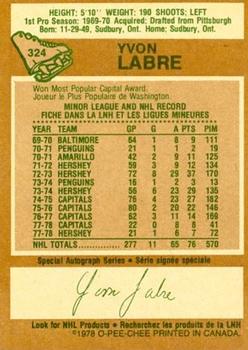 1978-79 O-Pee-Chee #324 Yvon Labre Back