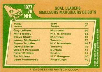 1978-79 O-Pee-Chee #63 1977-78 Goal Leaders (Guy Lafleur / Mike Bossy / Steve Shutt) Back