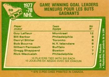 1978-79 O-Pee-Chee #69 1977-78 Game Winning Goals Leaders (Guy Lafleur / Bill Barber / Darryl Sittler / Bob Bourne) Back
