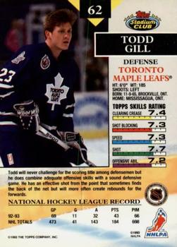 1993-94 Stadium Club - First Day Issue #62 Todd Gill Back