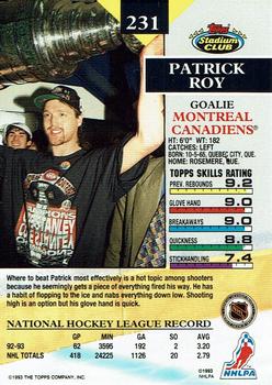 1993-94 Stadium Club - First Day Issue #231 Patrick Roy Back