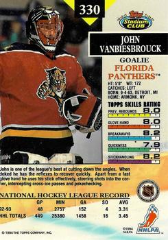 1993-94 Stadium Club - First Day Issue #330 John Vanbiesbrouck Back