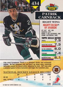 1993-94 Stadium Club - First Day Issue #434 Patrik Carnback Back