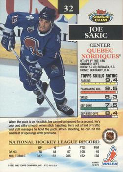 1993-94 Stadium Club O-Pee-Chee #32 Joe Sakic Back