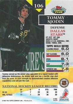1993-94 Stadium Club O-Pee-Chee #106 Tommy Sjodin Back