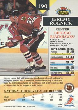 1993-94 Stadium Club O-Pee-Chee #190 Jeremy Roenick Back