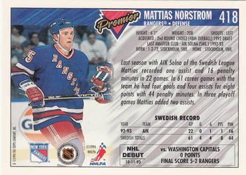 1993-94 Topps Premier - Gold #418 Mattias Norstrom Back