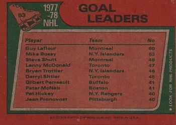 1978-79 Topps #63 1977-78 Goal Leaders (Guy Lafleur / Mike Bossy / Steve Shutt) Back