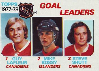 1978-79 Topps #63 1977-78 Goal Leaders (Guy Lafleur / Mike Bossy / Steve Shutt) Front