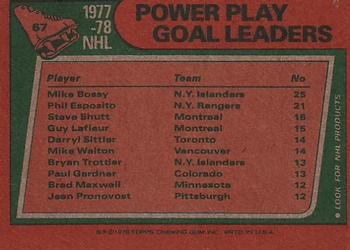 1978-79 Topps #67 1977-78 Power Play Goal Leaders (Mike Bossy / Phil Esposito / Steve Shutt) Back
