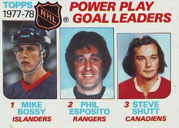 1978-79 Topps #67 1977-78 Power Play Goal Leaders (Mike Bossy / Phil Esposito / Steve Shutt) Front