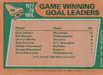 1978-79 Topps #69 1977-78 Game Winning Goal Leaders (Guy Lafleur / Bill Barber / Darryl Sittler / Bob Bourne) Back