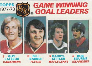 1978-79 Topps #69 1977-78 Game Winning Goal Leaders (Guy Lafleur / Bill Barber / Darryl Sittler / Bob Bourne) Front