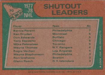 1978-79 Topps #70 1977-78 Shutout Leaders (Bernie Parent / Ken Dryden / Don Edwards / Tony Esposito / Mike Palmateer) Back