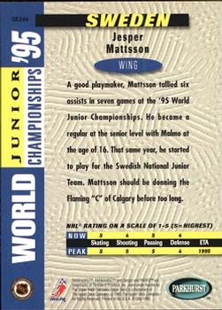 1994-95 Parkhurst SE #SE244 Jesper Mattsson Back