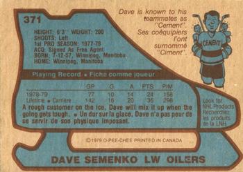 1979-80 O-Pee-Chee #371 Dave Semenko Back