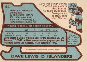 1979-80 O-Pee-Chee #44 Dave Lewis Back