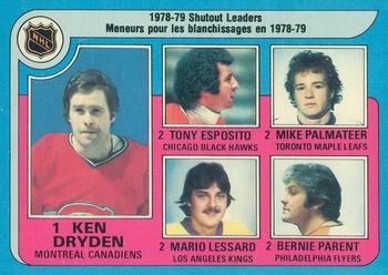 1979-80 O-Pee-Chee #8 Ken Dryden / Tony Esposito / Mike Palmateer / Mario Lessard / Bernie Parent Front
