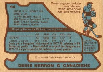 1979-80 O-Pee-Chee #94 Denis Herron Back