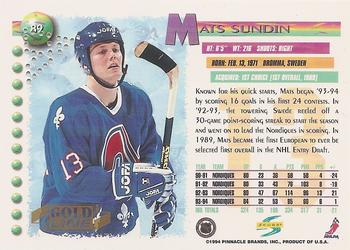 1994-95 Score - Gold Line Punched #89 Mats Sundin Back