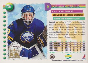 1994-95 Score - Platinum #78 Dominik Hasek Back