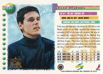 1994-95 Score - Platinum #160 Felix Potvin Back