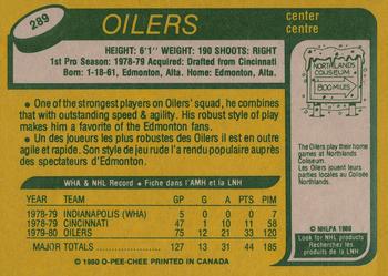 1980-81 O-Pee-Chee #289 Mark Messier Back