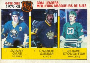 1980-81 O-Pee-Chee #161 1979-80 Goal Leaders (Danny Gare / Charlie Simmer / Blaine Stoughton) Front