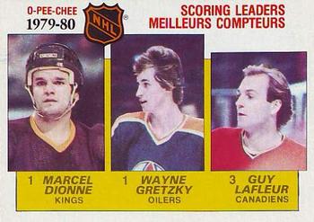 1980-81 O-Pee-Chee #163 Marcel Dionne / Wayne Gretzky / Guy Lafleur Front