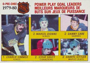 1980-81 O-Pee-Chee #165 1979-80 Power Play Goal Leaders (Charlie Simmer / Marcel Dionne / Danny Gare / Steve Shutt / Darryl Sittler) Front