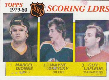 1980-81 Topps #163 Marcel Dionne / Wayne Gretzky / Guy Lafleur Front