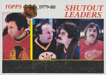 1980-81 Topps #168 1979-80 Shutout Leaders (Tony Esposito / Gerry Cheevers / Bob Sauve / Rogatien Vachon) Front