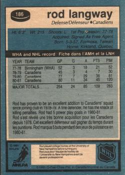 1981-82 O-Pee-Chee #186 Rod Langway Back