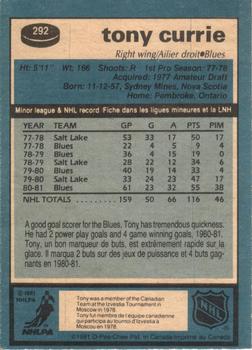 1981-82 O-Pee-Chee #292 Tony Currie Back