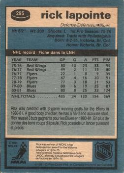 1981-82 O-Pee-Chee #295 Rick Lapointe Back