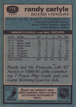 1981-82 Topps #E112 Randy Carlyle Back