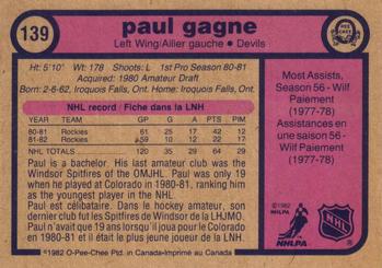 1982-83 O-Pee-Chee #139 Paul Gagne Back