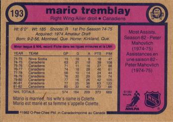 1982-83 O-Pee-Chee #193 Mario Tremblay Back