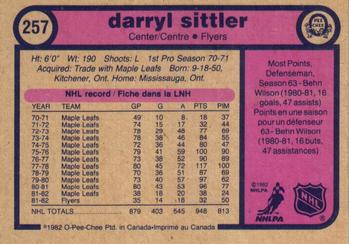 1982-83 O-Pee-Chee #257 Darryl Sittler Back