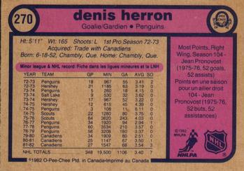 1982-83 O-Pee-Chee #270 Denis Herron Back