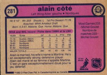 1982-83 O-Pee-Chee #281 Alain Cote Back