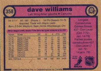 1982-83 O-Pee-Chee #358 Dave Williams Back