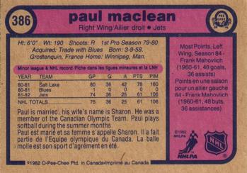 1982-83 O-Pee-Chee #386 Paul MacLean Back