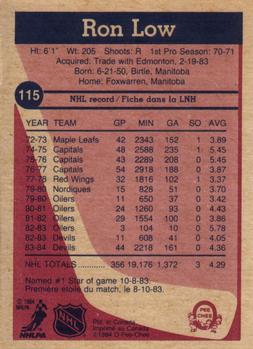1984-85 O-Pee-Chee #115 Ron Low Back