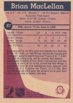 1984-85 O-Pee-Chee #87 Brian MacLellan Back