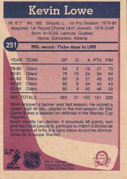 1984-85 O-Pee-Chee #251 Kevin Lowe Back