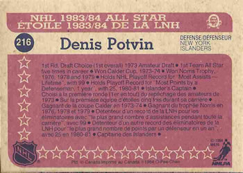 1984-85 O-Pee-Chee #216 Denis Potvin Back